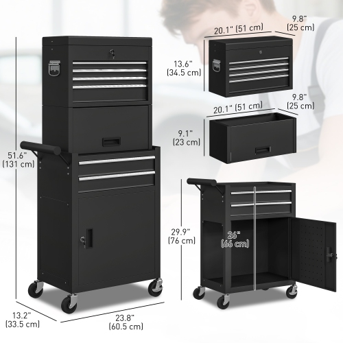 HOMCOM – Coffre à outils verrouillable, armoire à outils à roulettes 3-en-1 avec 6 tiroirs et panneau perforé, range-outils amovible en acier pour