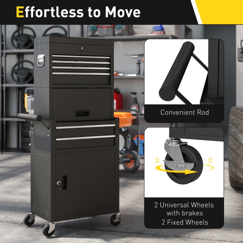 HOMCOM – Coffre à outils verrouillable, armoire à outils à roulettes 3-en-1 avec 6 tiroirs et panneau perforé, range-outils amovible en acier pour