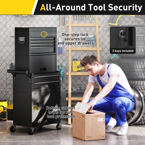 HOMCOM – Coffre à outils verrouillable, armoire à outils à roulettes 3-en-1 avec 6 tiroirs et panneau perforé, range-outils amovible en acier pour