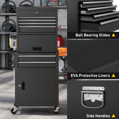 HOMCOM – Coffre à outils verrouillable, armoire à outils à roulettes 3-en-1 avec 6 tiroirs et panneau perforé, range-outils amovible en acier pour