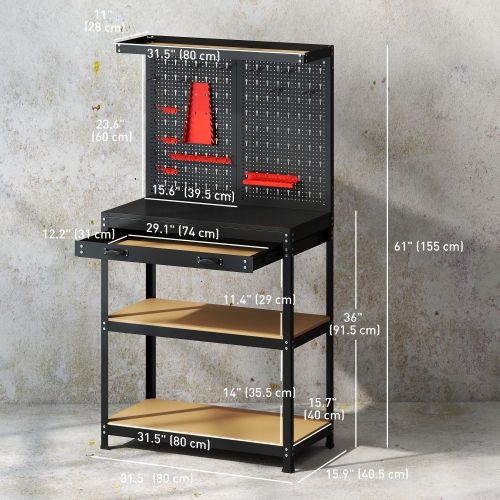 HOMCOM Workbench with Pegboard, Heavy Duty Steel Work Bench, 31.5" x 16" Workstation with 14PCS Hanging Kits, 2 Lower Shelves and Large Drawer for