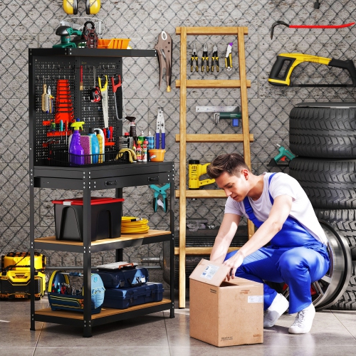 HOMCOM Workbench with Pegboard, Heavy Duty Steel Work Bench, 31.5" x 16" Workstation with 14PCS Hanging Kits, 2 Lower Shelves and Large Drawer for