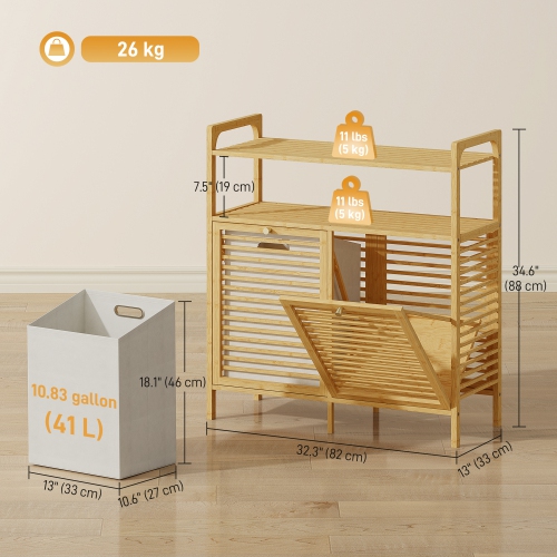 HOMCOM Double Tilt Out Laundry Hamper, Freestanding Bamboo Laundry Cabinet with 2 Removable Baskets and 2-Tier Storage Shelves for Bathroom, Laundry