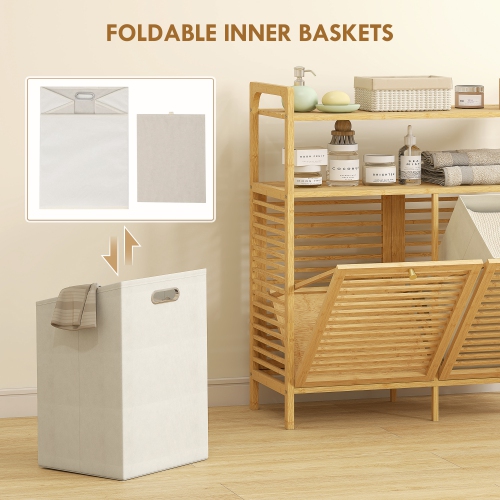 HOMCOM Double Tilt Out Laundry Hamper, Freestanding Bamboo Laundry Cabinet with 2 Removable Baskets and 2-Tier Storage Shelves for Bathroom, Laundry