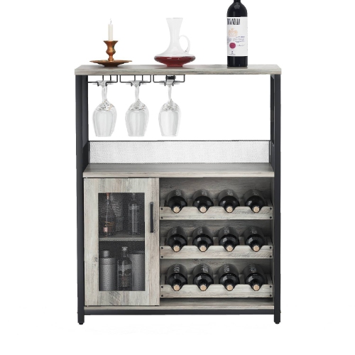 Armoire à vin de bar à 3 niveaux avec porte-bouteilles amovible LED pour la cuisine, le salon et le bar, gris