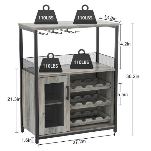Armoire à vin de bar à 3 niveaux avec porte-bouteilles amovible LED pour la cuisine, le salon et le bar, gris