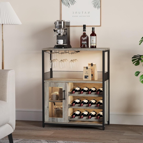 Armoire à vin de bar à 3 niveaux avec porte-bouteilles amovible LED pour la cuisine, le salon et le bar, gris