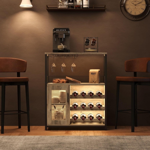 Armoire à vin de bar à 3 niveaux avec porte-bouteilles amovible LED pour la cuisine, le salon et le bar, gris