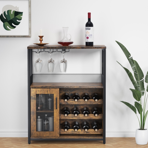 Armoire à vin de bar à 3 niveaux avec porte-bouteilles amovible LED pour la cuisine, le salon et le bar, brun