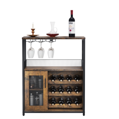 Armoire à vin de bar à 3 niveaux avec porte-bouteilles amovible LED pour la cuisine, le salon et le bar, brun