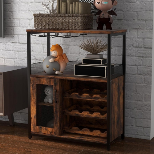 Armoire à vin de bar à 3 niveaux avec porte-bouteilles amovible LED pour la cuisine, le salon et le bar, brun