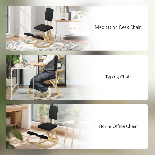 HOMCOM Ergonomic Kneeling Chair, Rocking Wood Kneel Stool with Backrest, Desk Chair for Office, Improve Posture, Back Pain, Black