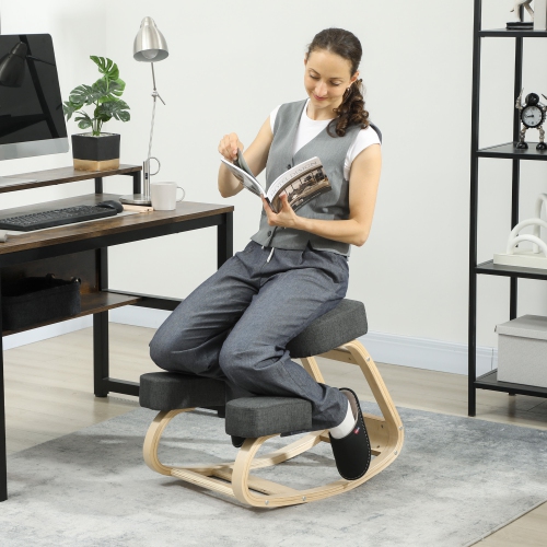 HOMCOM Ergonomic Kneeling Chair, Wood Kneel Stool with Thick Pads, Desk Knee Chair for Office, Improve Posture, Back Pain, Dark Grey