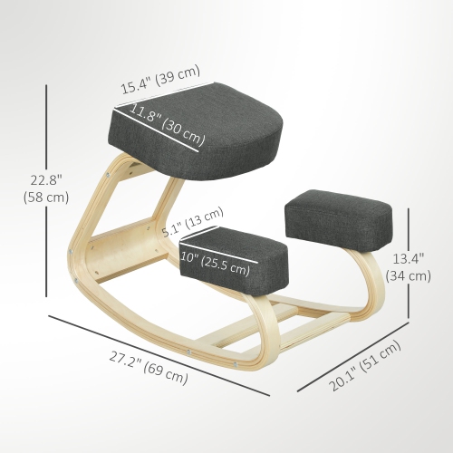 HOMCOM Ergonomic Kneeling Chair, Wood Kneel Stool with Thick Pads, Desk Knee Chair for Office, Improve Posture, Back Pain, Dark Grey