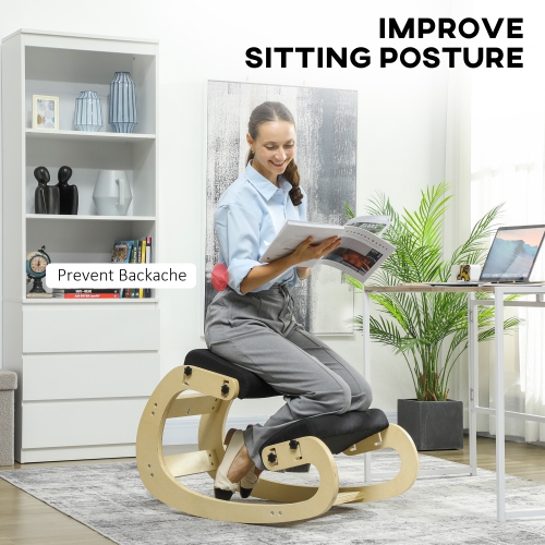 HOMCOM Ergonomic Kneeling Chair, Adjustable Rocking Wood Kneeling Stool, Desk Chair for Office, Improve Posture, Back Pain, Black