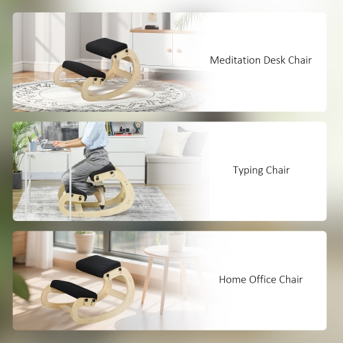 HOMCOM Ergonomic Kneeling Chair, Adjustable Rocking Wood Kneeling Stool, Desk Chair for Office, Improve Posture, Back Pain, Black
