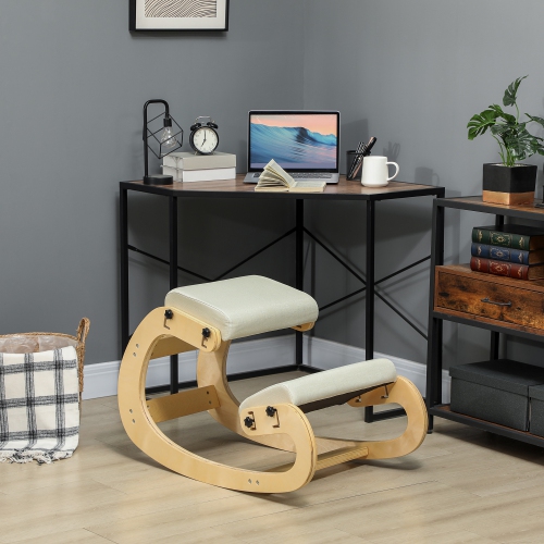 HOMCOM Ergonomic Kneeling Chair, Adjustable Rocking Wood Kneeling Stool, Desk Chair for Office, Improve Posture, Back Pain, Cream White