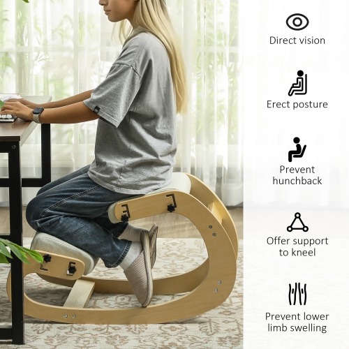 HOMCOM Ergonomic Kneeling Chair, Adjustable Rocking Wood Kneeling Stool, Desk Chair for Office, Improve Posture, Back Pain, Cream White