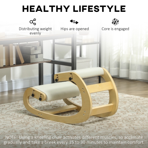 HOMCOM Ergonomic Kneeling Chair, Adjustable Rocking Wood Kneeling Stool, Desk Chair for Office, Improve Posture, Back Pain, Cream White