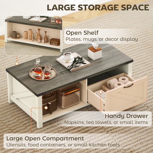HOMCOM Farmhouse Coffee Table with Drawer and Storage Shelf, Rustic Center Table for Living Room, Meeting Room, Distressed White