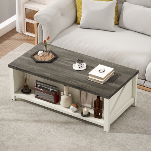 HOMCOM Farmhouse Coffee Table with Drawer and Storage Shelf, Rustic Center Table for Living Room, Meeting Room, Distressed White