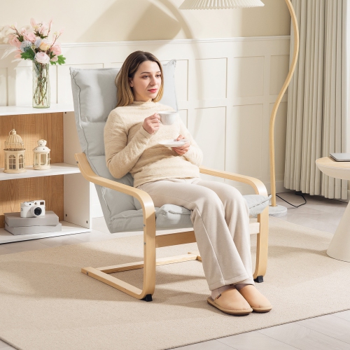 HOMCOM Birch Wood Fabric Modern Armchair, Accent Chair with Curved Leg and Arm, Leisure Lounge Chair for Living Room, Bedroom, Balcony, Office, Cream