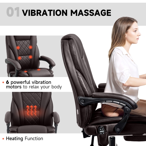 Vinsetto Massage Office Chair with Foot Rest, PU Leather Reclining Gaming Chair with 6 Vibration Point, Adjustable Height, Tilt Function, Dark Brown