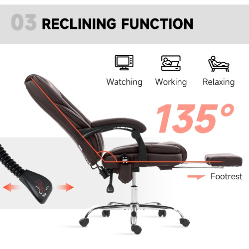 Vinsetto Massage Office Chair with Foot Rest, PU Leather Reclining Gaming Chair with 6 Vibration Point, Adjustable Height, Tilt Function, Dark Brown