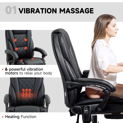 Vinsetto Massage Office Chair with Foot Rest, PU Leather Reclining Gaming Chair with 6 Vibration Point, Adjustable Height, Tilt Function, Black