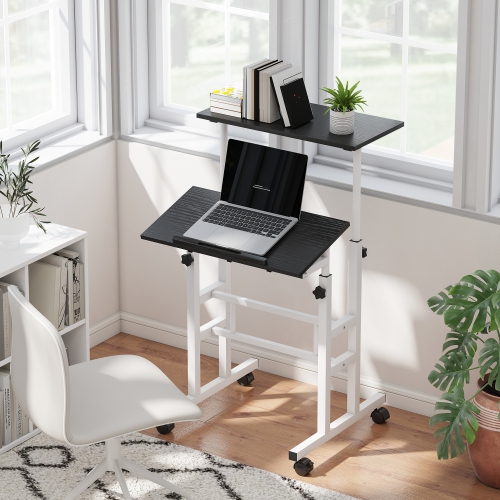 HOMCOM Mobile Stand Up Desk, Height & Angle Adjustable Computer Desk with Wheels for Standing or Sitting, Portable Laptop Table for Home Office, Black