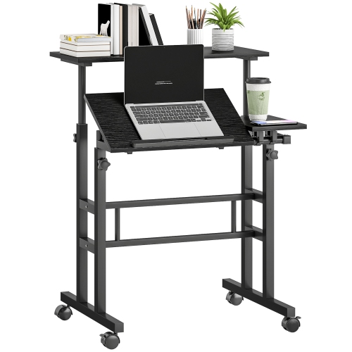 HOMCOM Stand Up Desk with Tilting Desktop, Height Adjustable Rolling Computer Desk with Wheels and Steel Frame for Standing or Sitting, Laptop Table