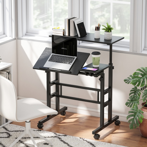 HOMCOM Stand Up Desk with Tilting Desktop, Height Adjustable Rolling Computer Desk with Wheels and Steel Frame for Standing or Sitting, Laptop Table