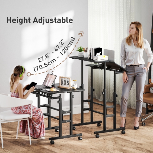 HOMCOM Stand Up Desk with Tilting Desktop, Height Adjustable Rolling Computer Desk with Wheels and Steel Frame for Standing or Sitting, Laptop Table