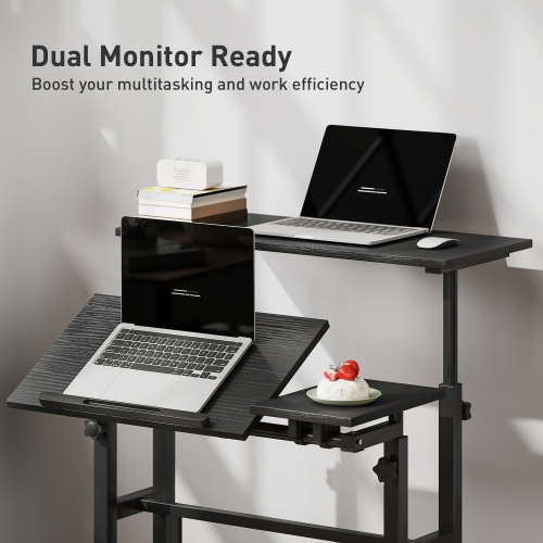 HOMCOM Stand Up Desk with Tilting Desktop, Height Adjustable Rolling Computer Desk with Wheels and Steel Frame for Standing or Sitting, Laptop Table