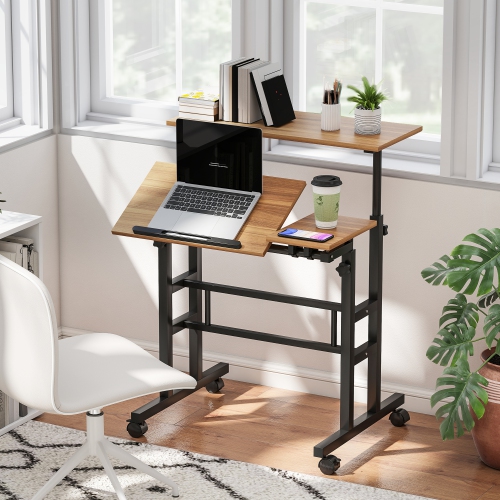 HOMCOM Stand Up Desk with Tilting Desktop, Height Adjustable Rolling Computer Desk with Wheels and Steel Frame for Standing or Sitting, Laptop Table
