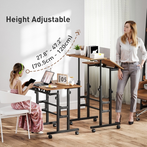HOMCOM Stand Up Desk with Tilting Desktop, Height Adjustable Rolling Computer Desk with Wheels and Steel Frame for Standing or Sitting, Laptop Table