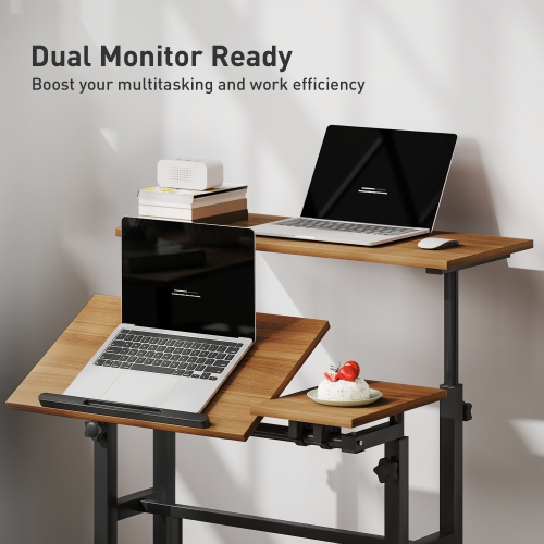 HOMCOM Stand Up Desk with Tilting Desktop, Height Adjustable Rolling Computer Desk with Wheels and Steel Frame for Standing or Sitting, Laptop Table