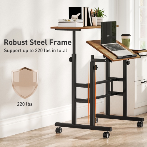 HOMCOM Stand Up Desk with Tilting Desktop, Height Adjustable Rolling Computer Desk with Wheels and Steel Frame for Standing or Sitting, Laptop Table
