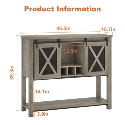 Coffee Bar Sideboard Buffet Storage Cabinet with Wine Glass Rack for Home, Kitchen, Dining, Living Room, Gray