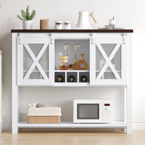 Coffee Bar Sideboard Buffet Storage Cabinet with Wine Glass Rack for Home, Kitchen, Dining, Living Room, White