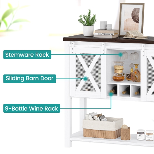 Coffee Bar Sideboard Buffet Storage Cabinet with Wine Glass Rack for Home, Kitchen, Dining, Living Room, White