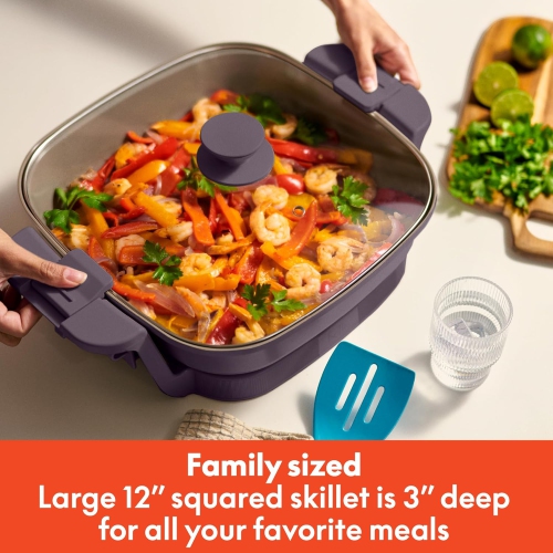 Make & Take Electric Skillet, Fits-anywhere™ kitchenware, EverGood™ Ceramic Coating, Adjustable Temperature & Dishwasher-Safe Tempered Glass Lid,