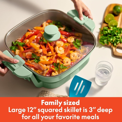 Make & Take Electric Skillet, Fits-anywhere™ kitchenware, EverGood™ Ceramic Coating, Adjustable Temperature & Dishwasher-Safe Tempered Glass Lid,