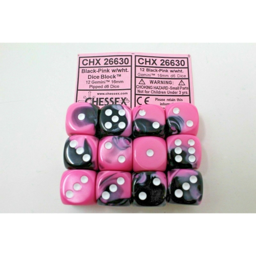 Chessex Black-Pink with White 12 Gemini 16mm Pipped D6 Dice CHX 26630