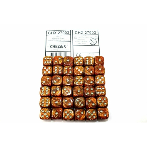 LION RAMPANT  Chessex Dice 12MM D6 (36 Dice) Glitter Gold/silver Chx27903