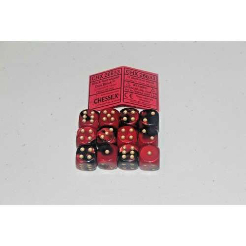 Chessex Black- Red with Gold 12 Gemini 16mm Pipped D6 Dice CHX 26633