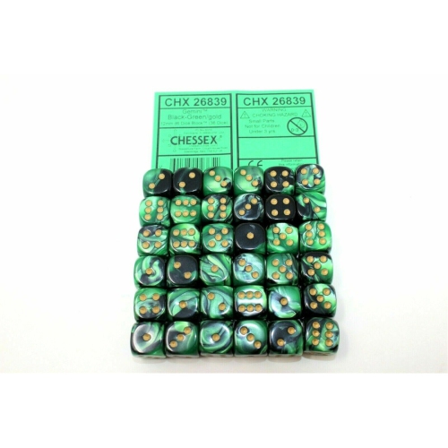 Chessex Black Green Gold 36 Scarab 12mm Pipped Dice CHX 26839