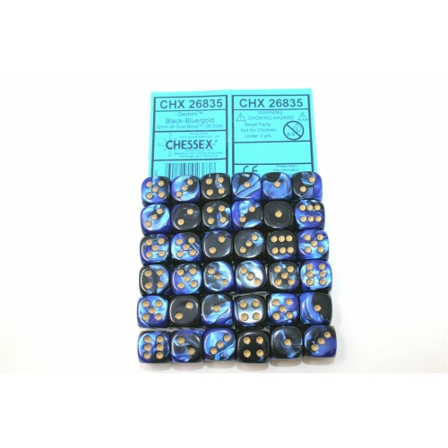 Chessex Black Blue with Gold 36 Gemini 12mm Pipped Dice CHX 26835