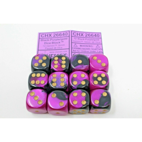 Chessex Black- Purple/Gold 12 Gemini 16mm Pipped D6 Dice CHX 26640