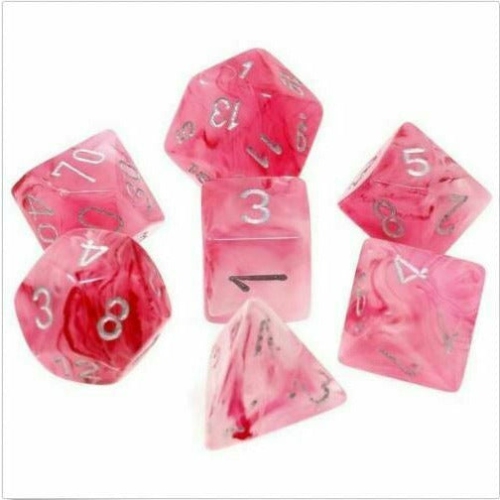 LION RAMPANT  Chessex Ghostly Glow 7PC / Silver Dice Set New In Pink